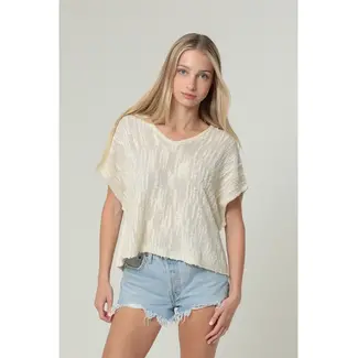 Angie Angie Slubby Metallic Threads V Neck Short Sleeve Knit Pullover (XHS86)